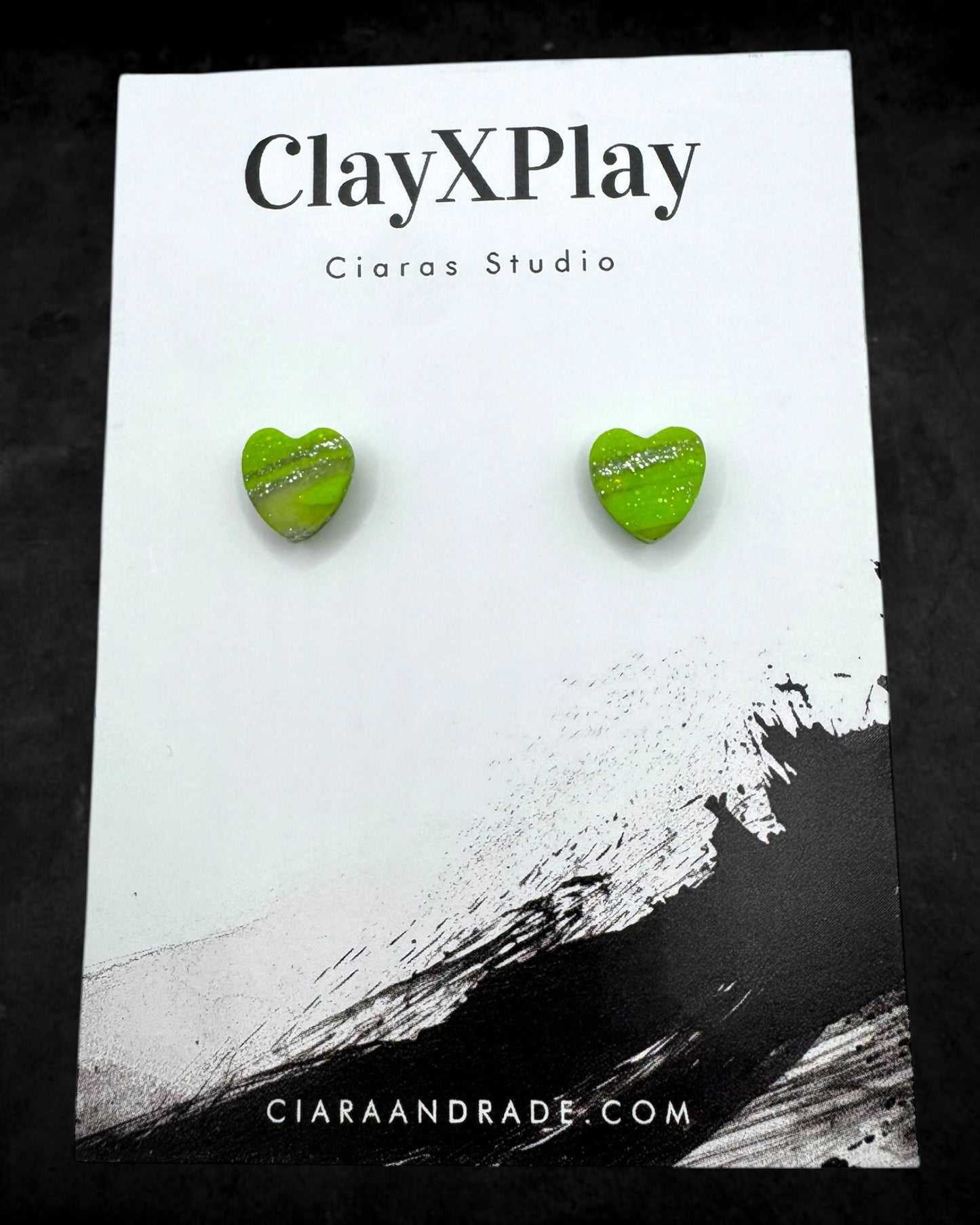Mini Green & Silver Polymer Clay Heart Studs