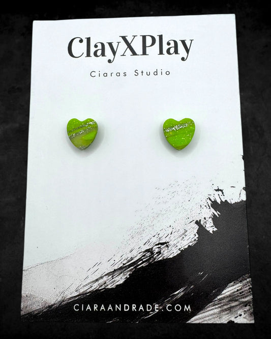 Mini Green & Silver Polymer Clay Heart Studs