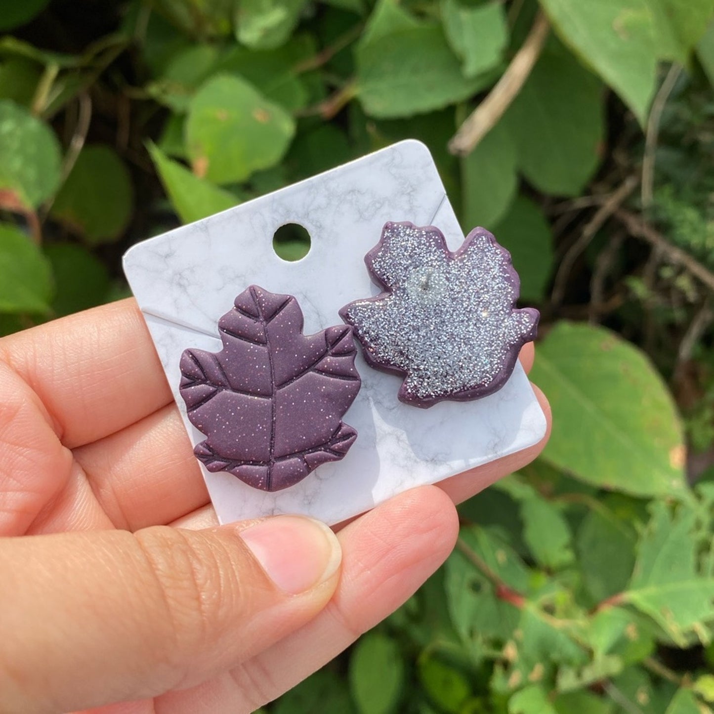 Purple Polymer Clay Leaf Stud Earrings – XL Handmade