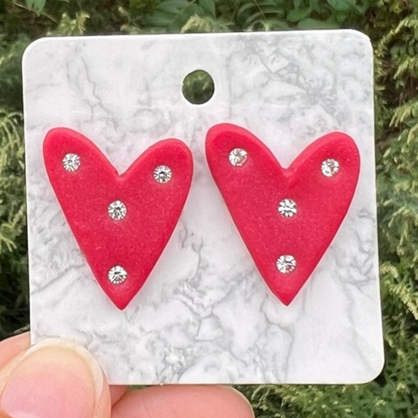 Red Diamond Medium Polymer Clay Heart Stud Earrings Handmade