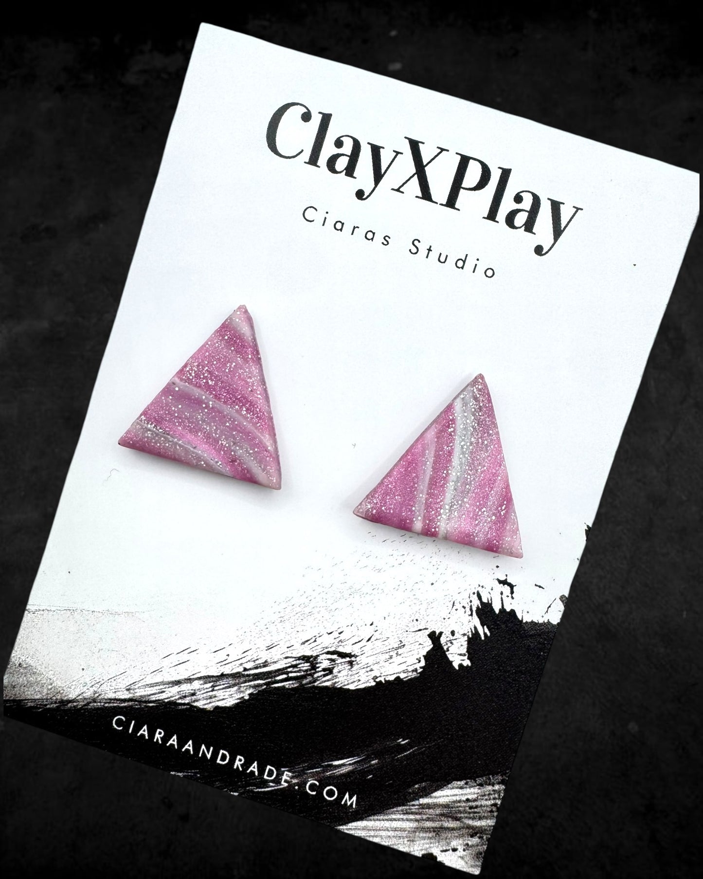 Pink & Silver Triangle Polymer Clay Stud Earrings Handmade