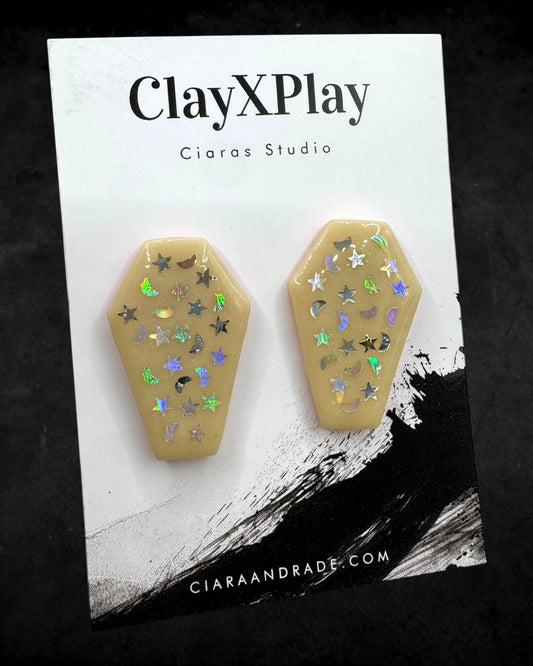 Coffin Glow In The Dark Starry Night Yellow Polymer Clay Stud Earrings Handmade