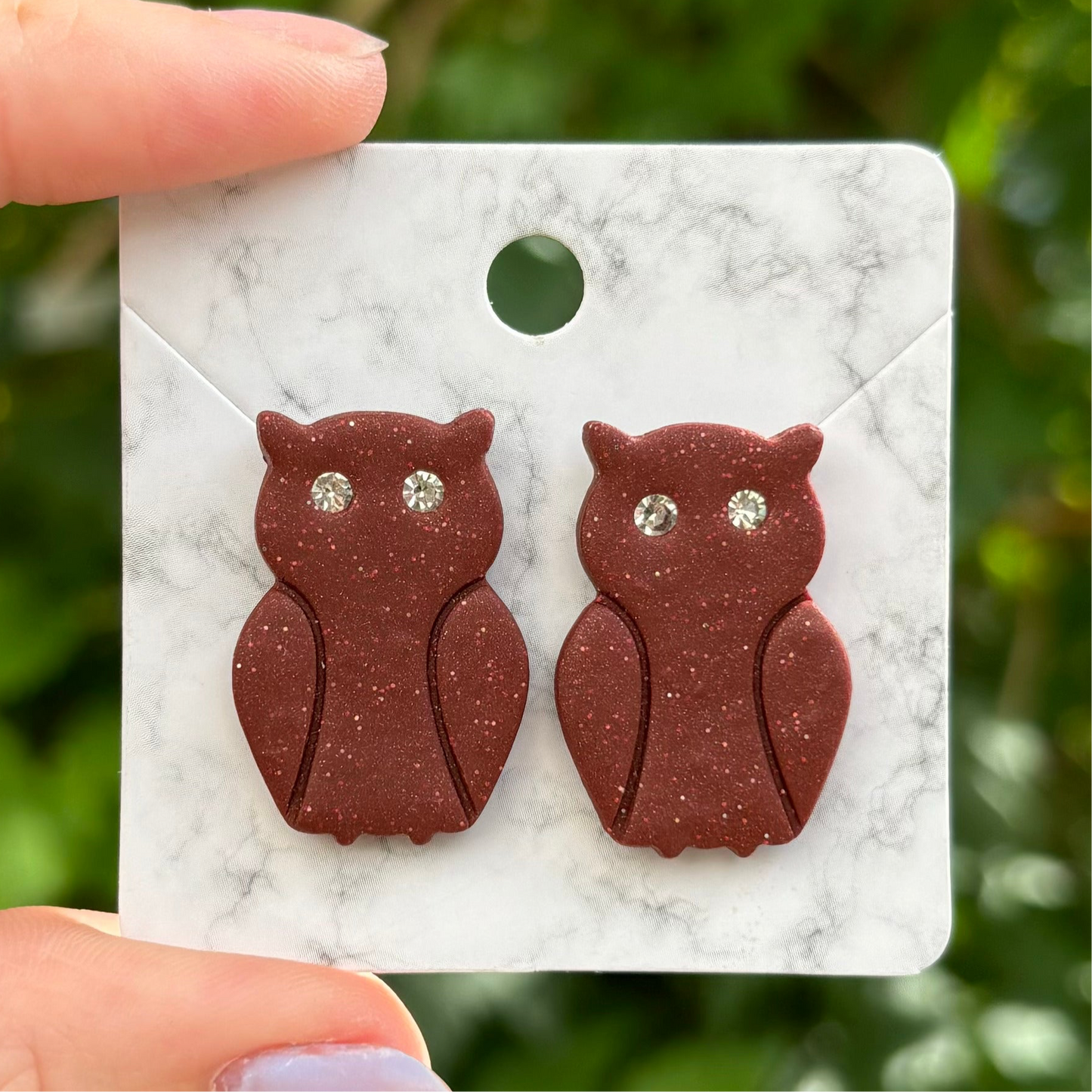 Maroon Owl Medium Polymer Clay Stud Earrings Handmade