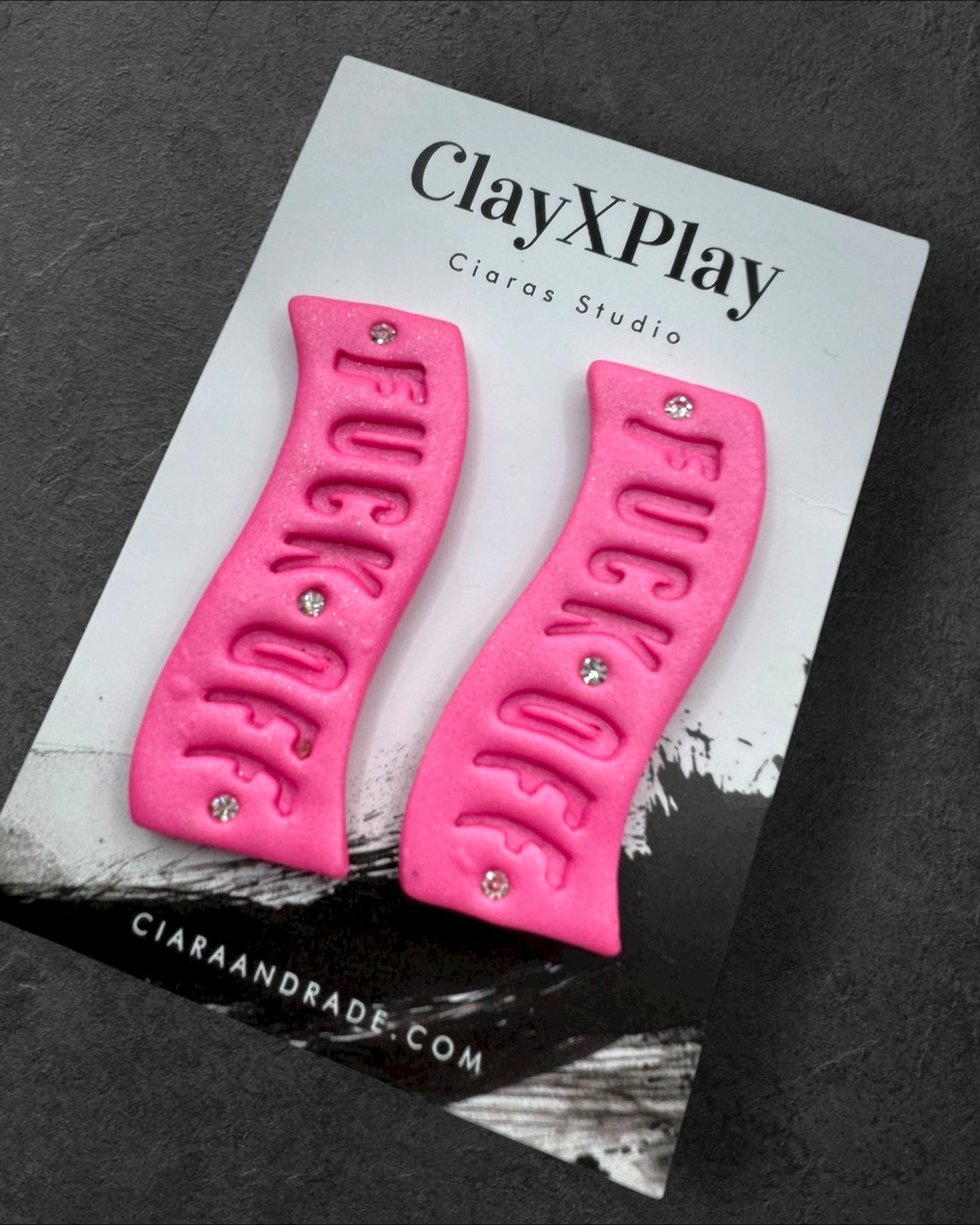 Fuck Off Pink Polymer Clay Curved Stud Earrings – XL Handmade Statement