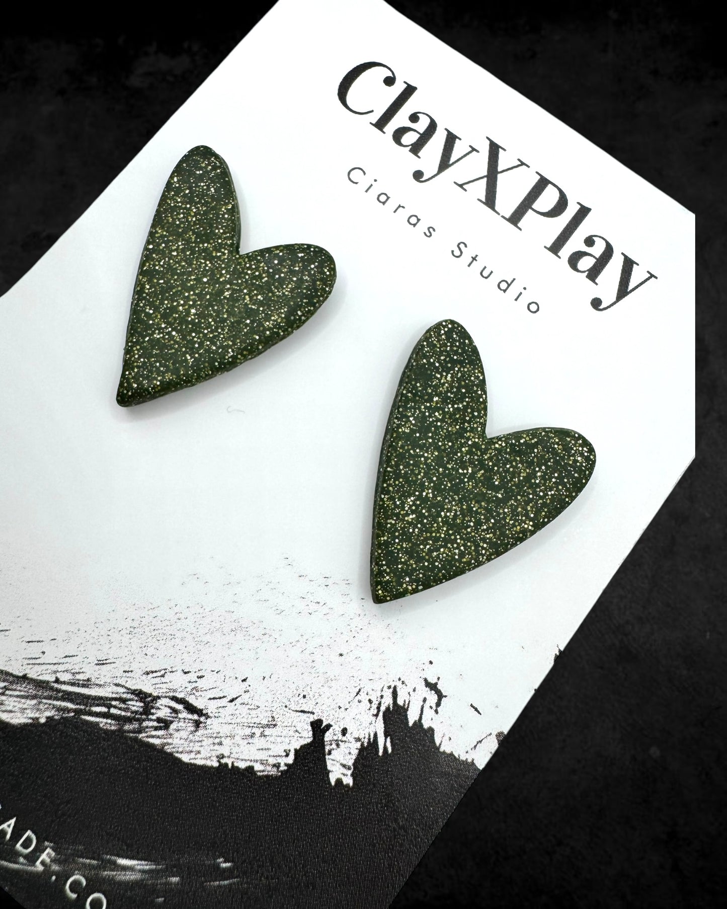 Green Glitter Large Green Polymer Clay Heart Stud Earrings Handmade
