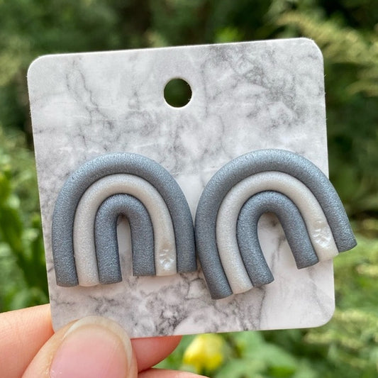 Gray & White Rainbow Polymer Clay Large Stud Earrings Handmade