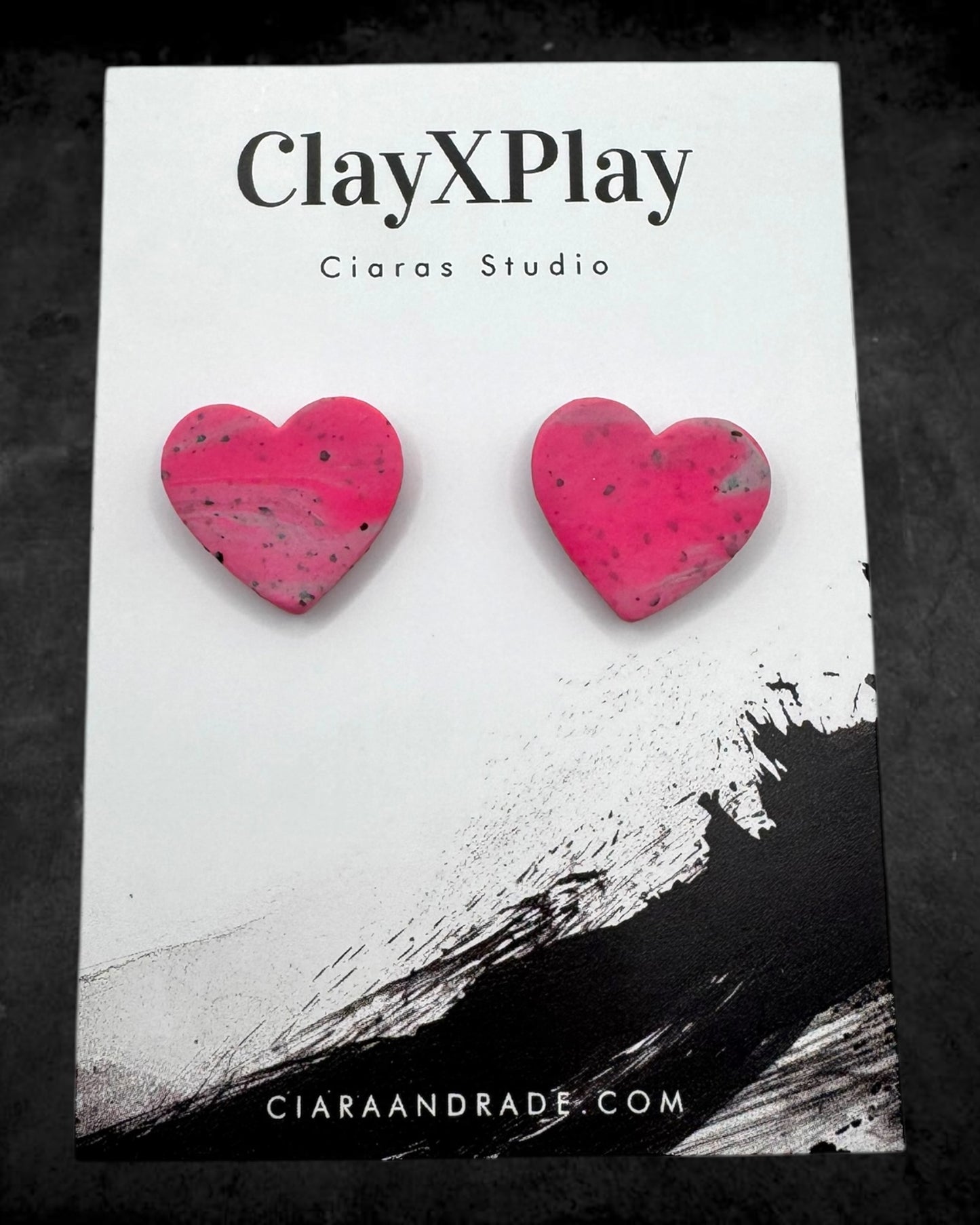 Pink & Gray Medium Polymer Clay Heart Studs Handmade