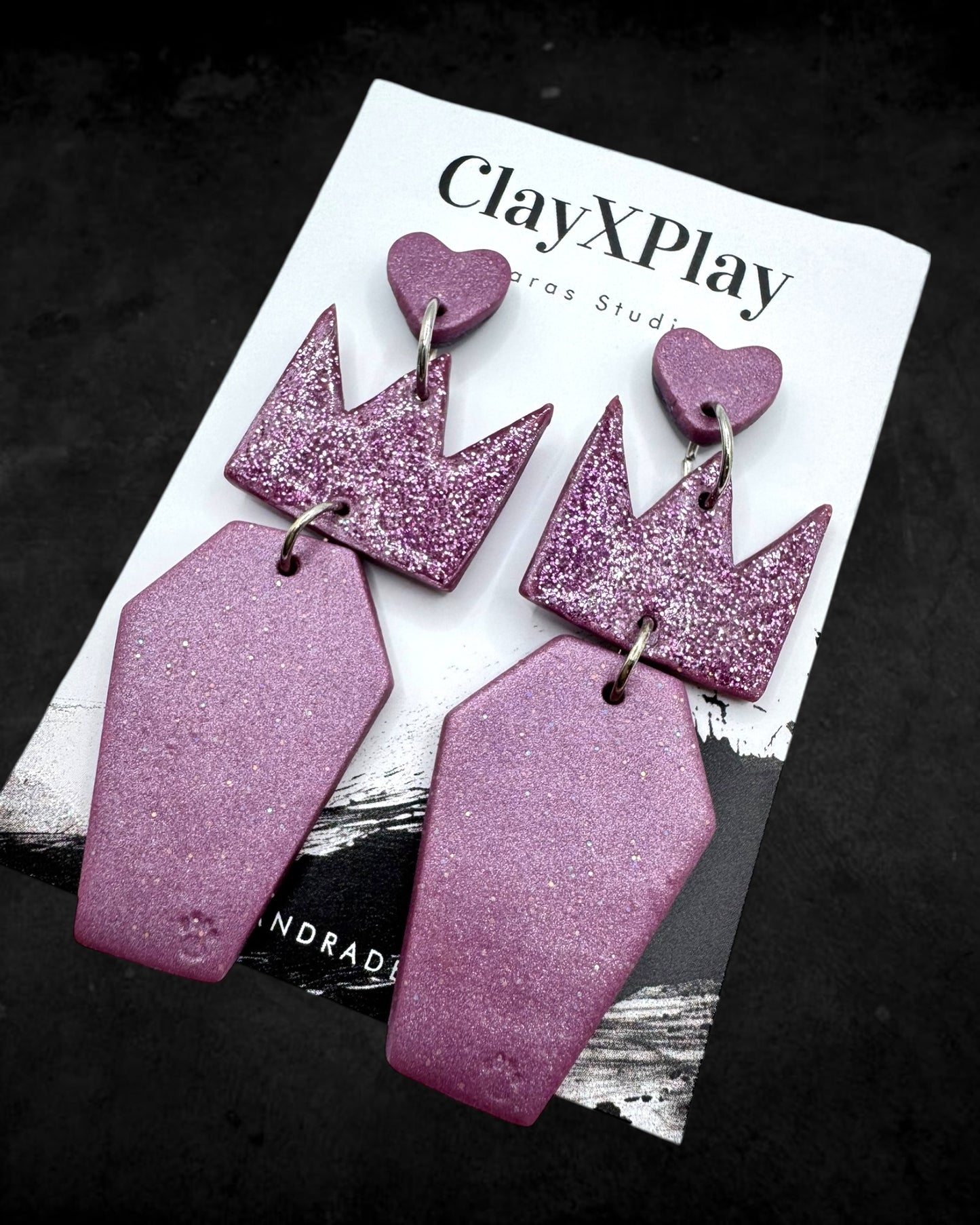 Queen Of The Dead Purple Polymer Clay Heart Coffin Stud Earrings Handmade