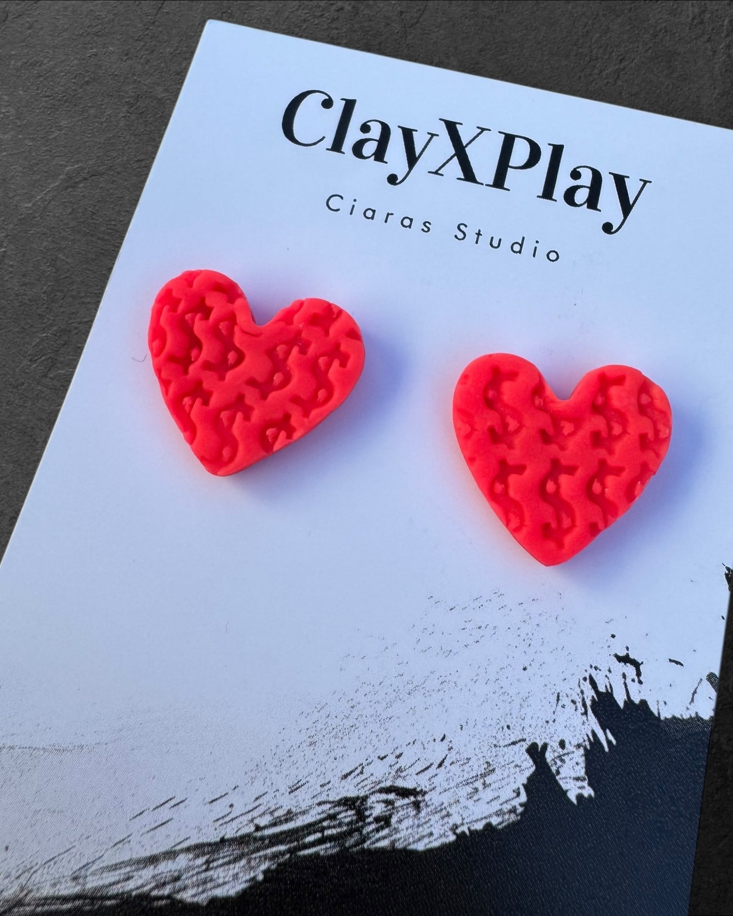 Money Magic Hot Pink Medium Polymer Clay Heart Stud Earrings Handmade