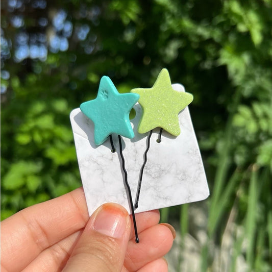 Star Green & Teal Polymer Clay Hair Pins Handmade