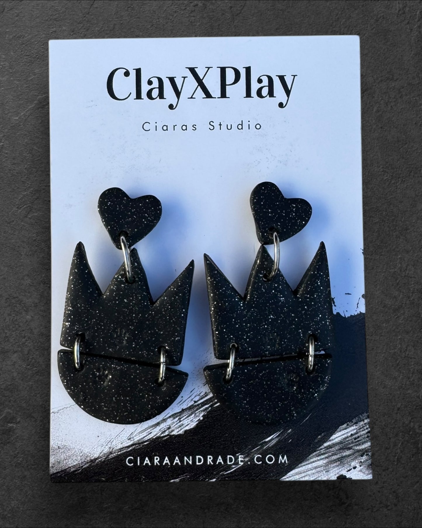 Queen of Heart XL Black Polymer Clay Dangle Earrings Handmade