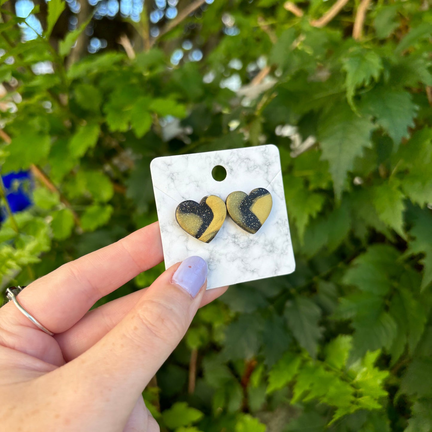 Yellow and Black Marbled Heart Earrings