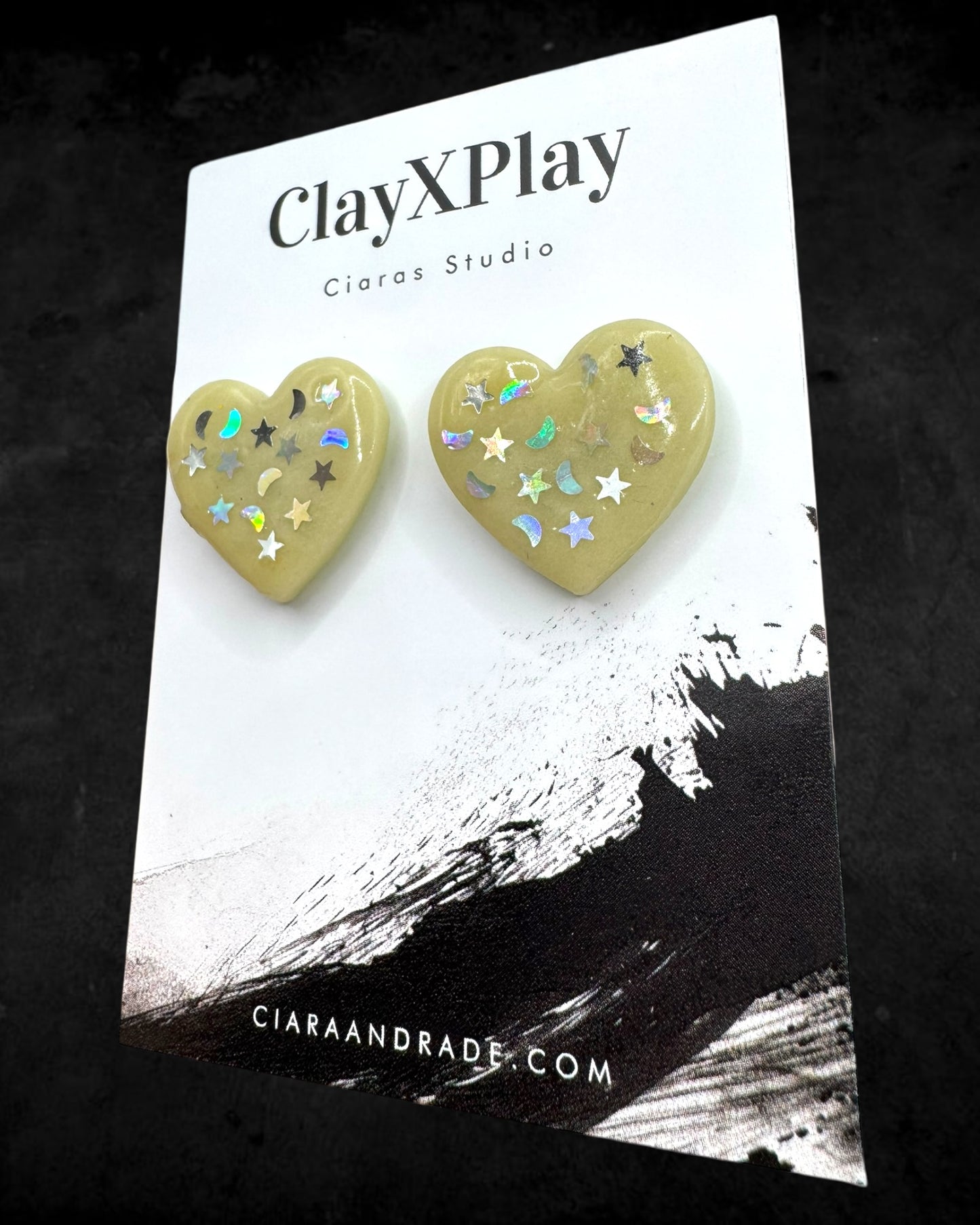 Starry Night Heart Yellow Polymer XL Clay Stud Earrings