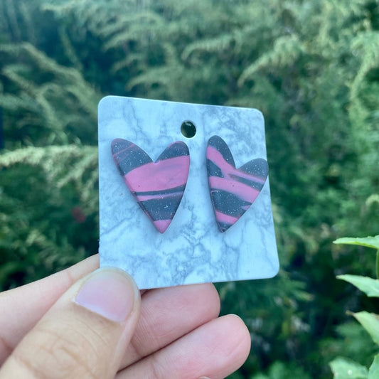 Pink & Gray Marbled Heart Handmade Polymer Clay Stud Earrings