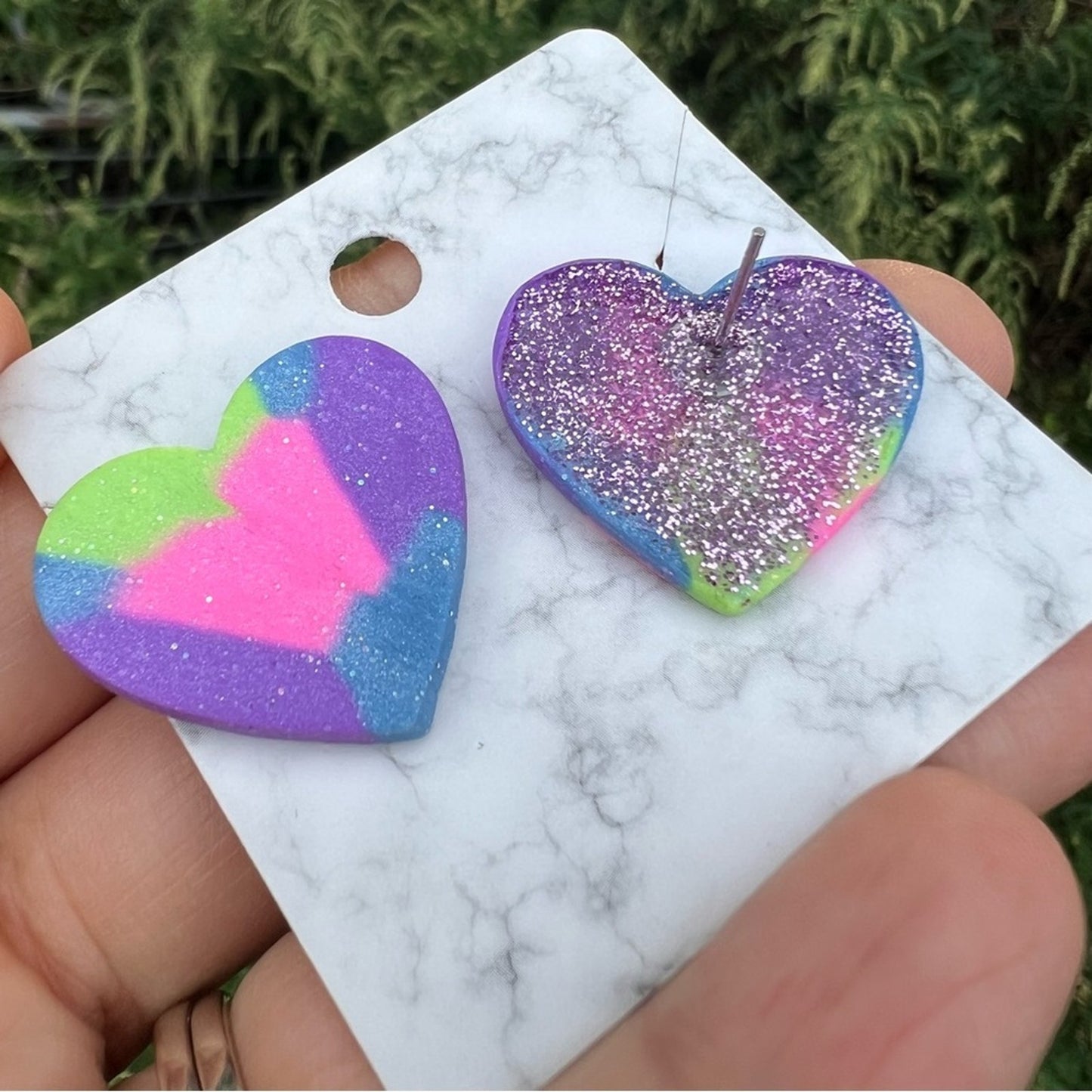 Multi Color‎ Purple Green Blue XL Heart Clay Stud Earrings Handmade Handcrafted