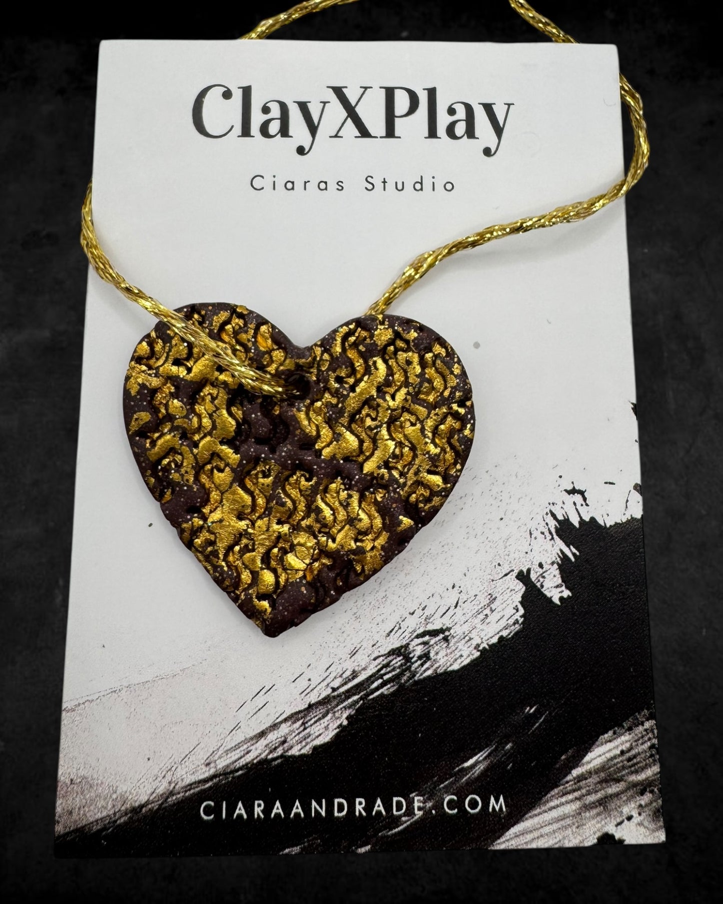 Money Magic Maroon & Gold Leaf Polymer Clay Heart Ornament Handmade