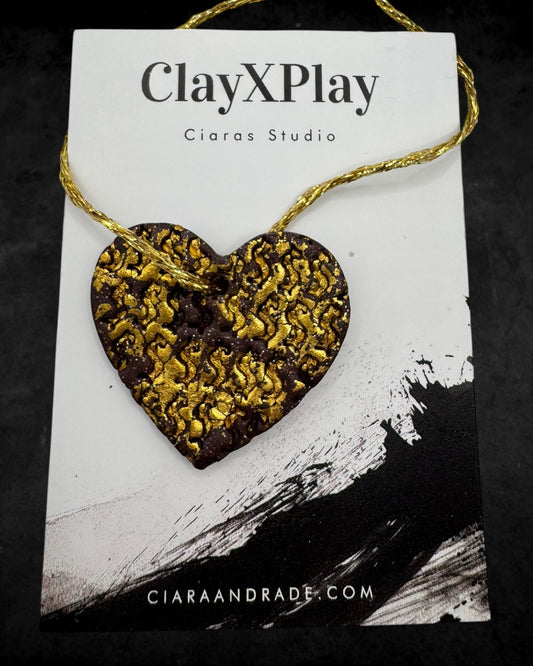 Money Magic Maroon & Gold Leaf Polymer Clay Heart Ornament Handmade