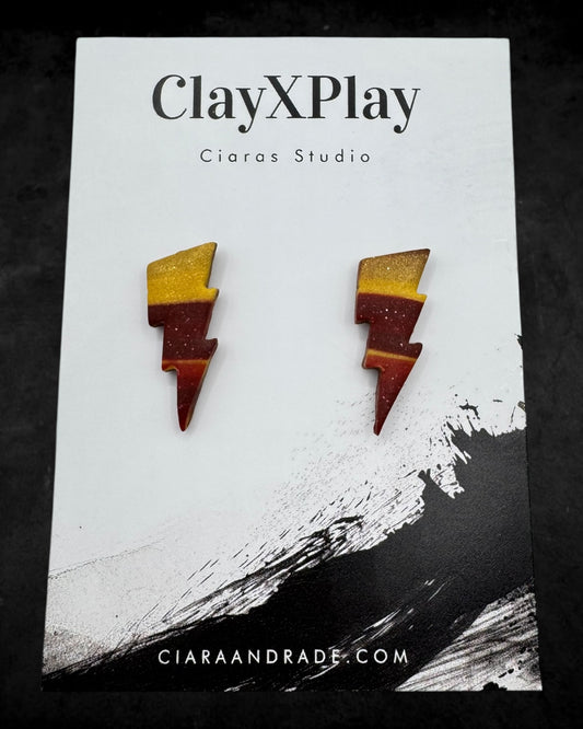 Lightning Bolt Red & Yellow Small Polymer Clay Stud Earrings Handmade
