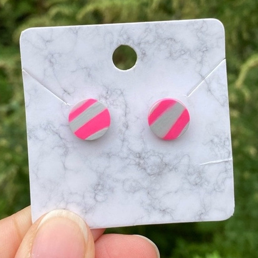 Pink & Gray Mini Round Polymer Clay Stud Earrings Handmade