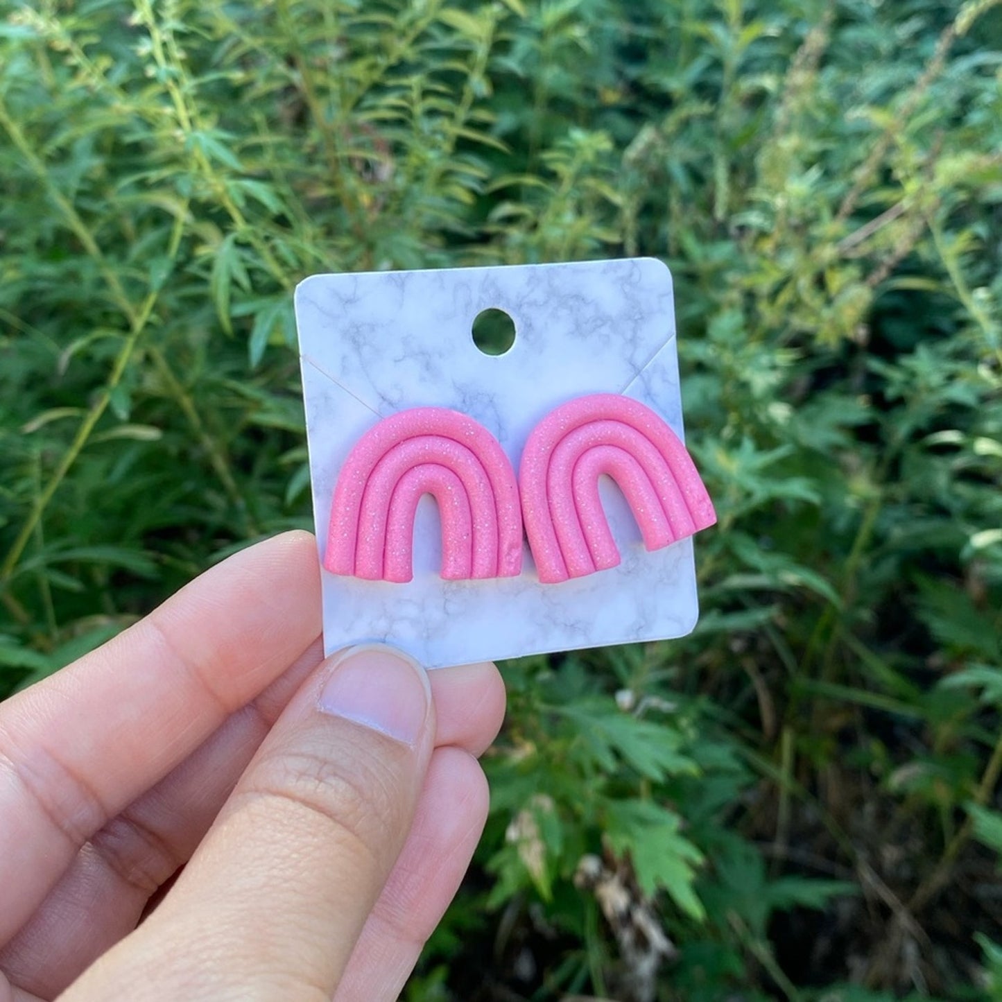 Pink Rainbow Polymer Clay Large Stud Earrings Handmade