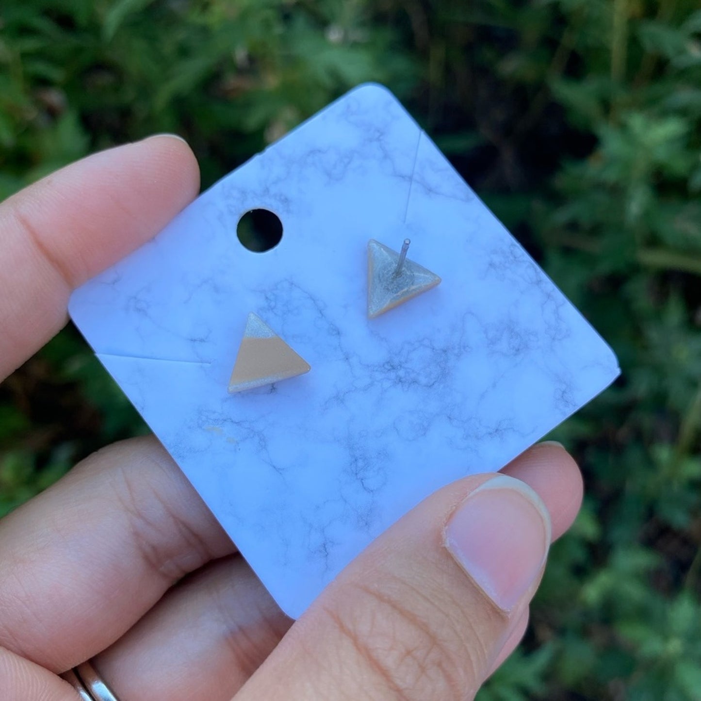 Mini Triangle Tan & White Polymer Clay Stud Earrings Handmade