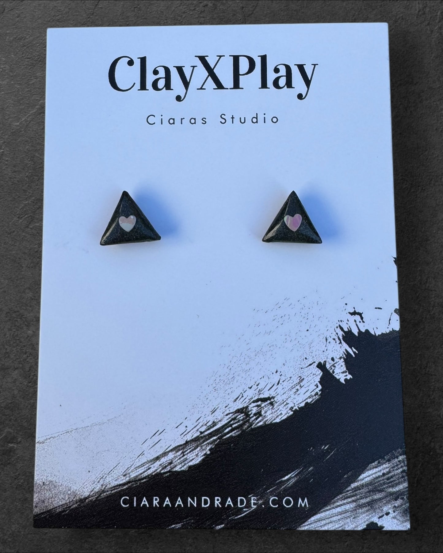 Mini Heart Black Triangle  Polymer Clay Stud Earrings Handmade