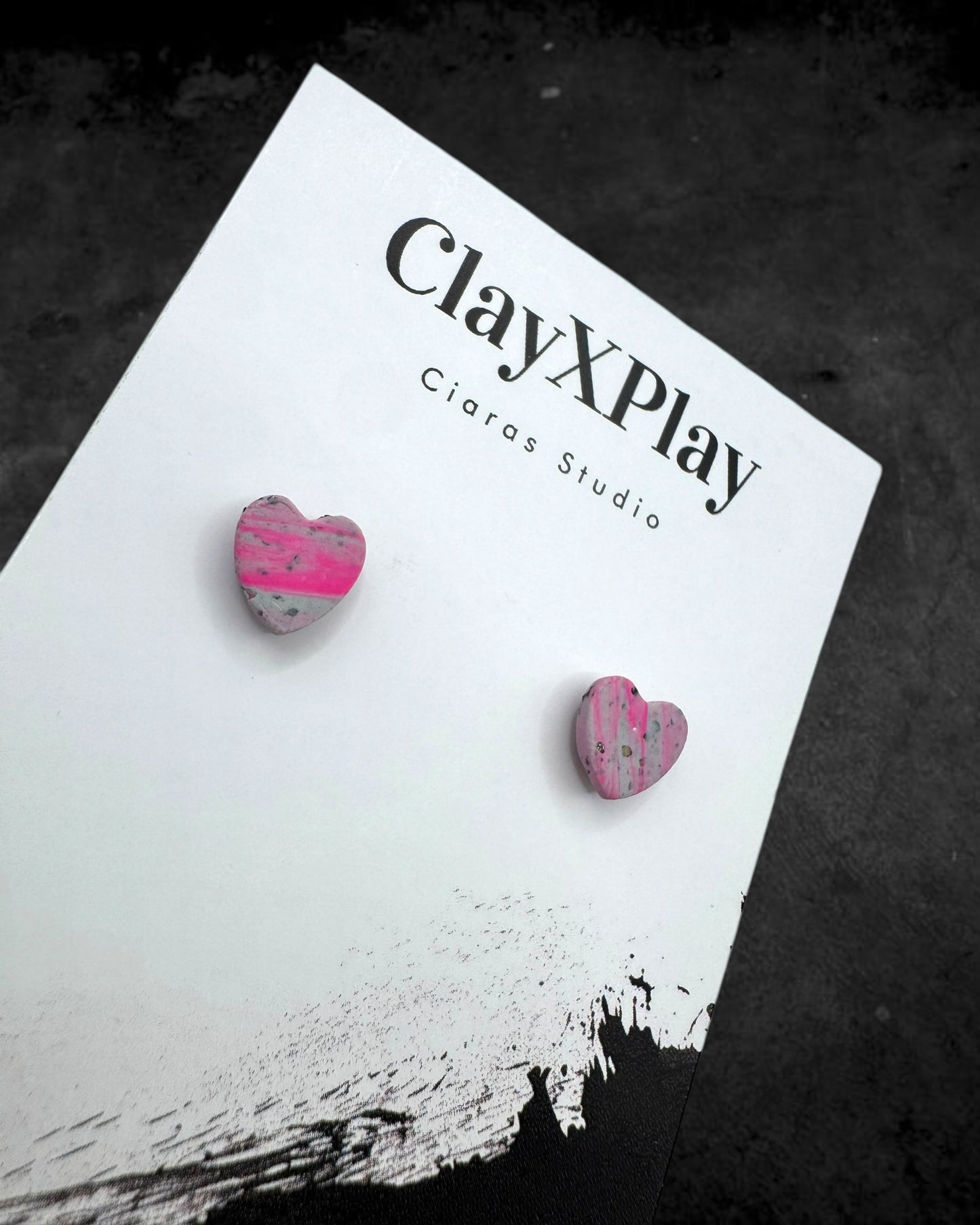 Pink & Gray Mini Heart Polymer Clay Stud Earrings Handmade