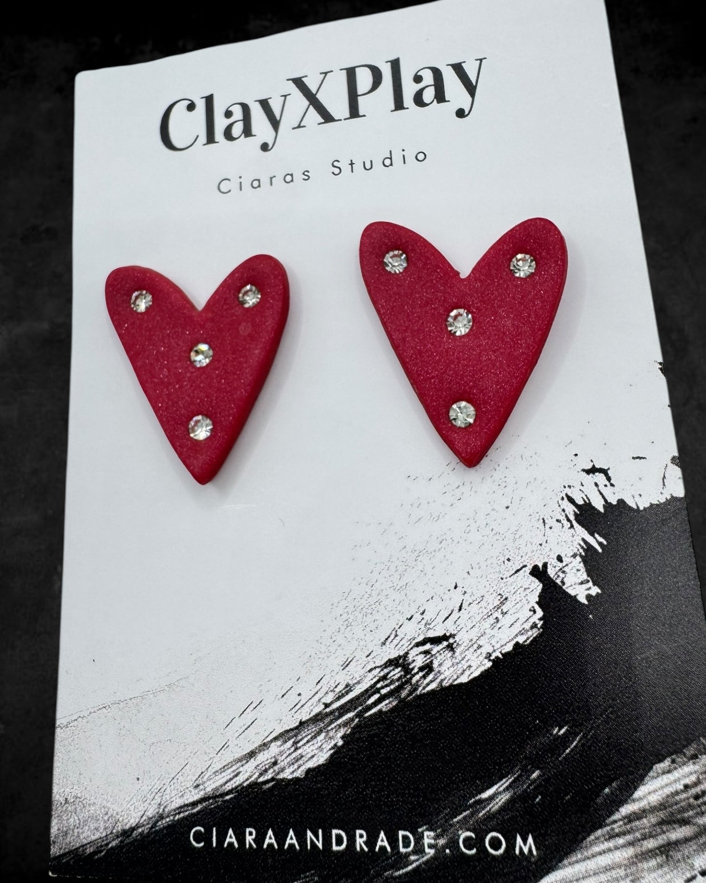 Red Diamond Medium Polymer Clay Heart Stud Earrings Handmade