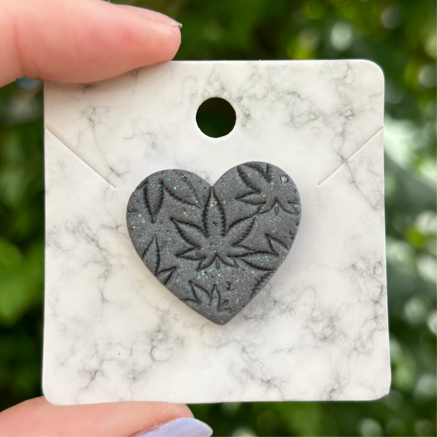 Medicated 420 Gray Polymer Clay Heart Pin Large Handmade