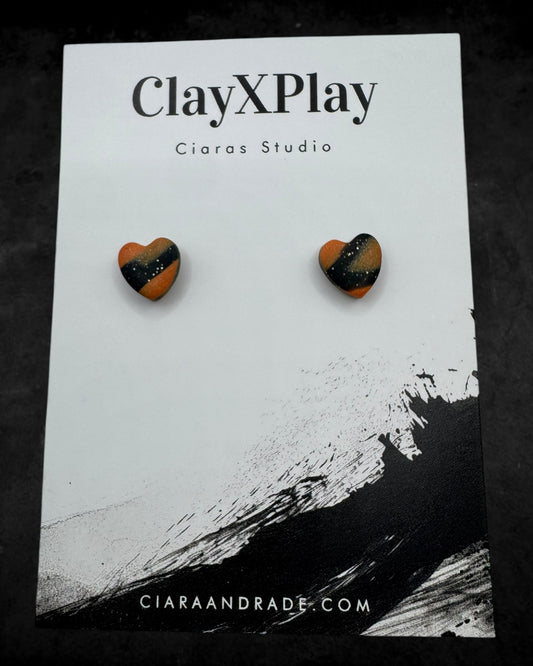 Orange & Black Mini Heart Polymer Clay Stud Earrings Handmade