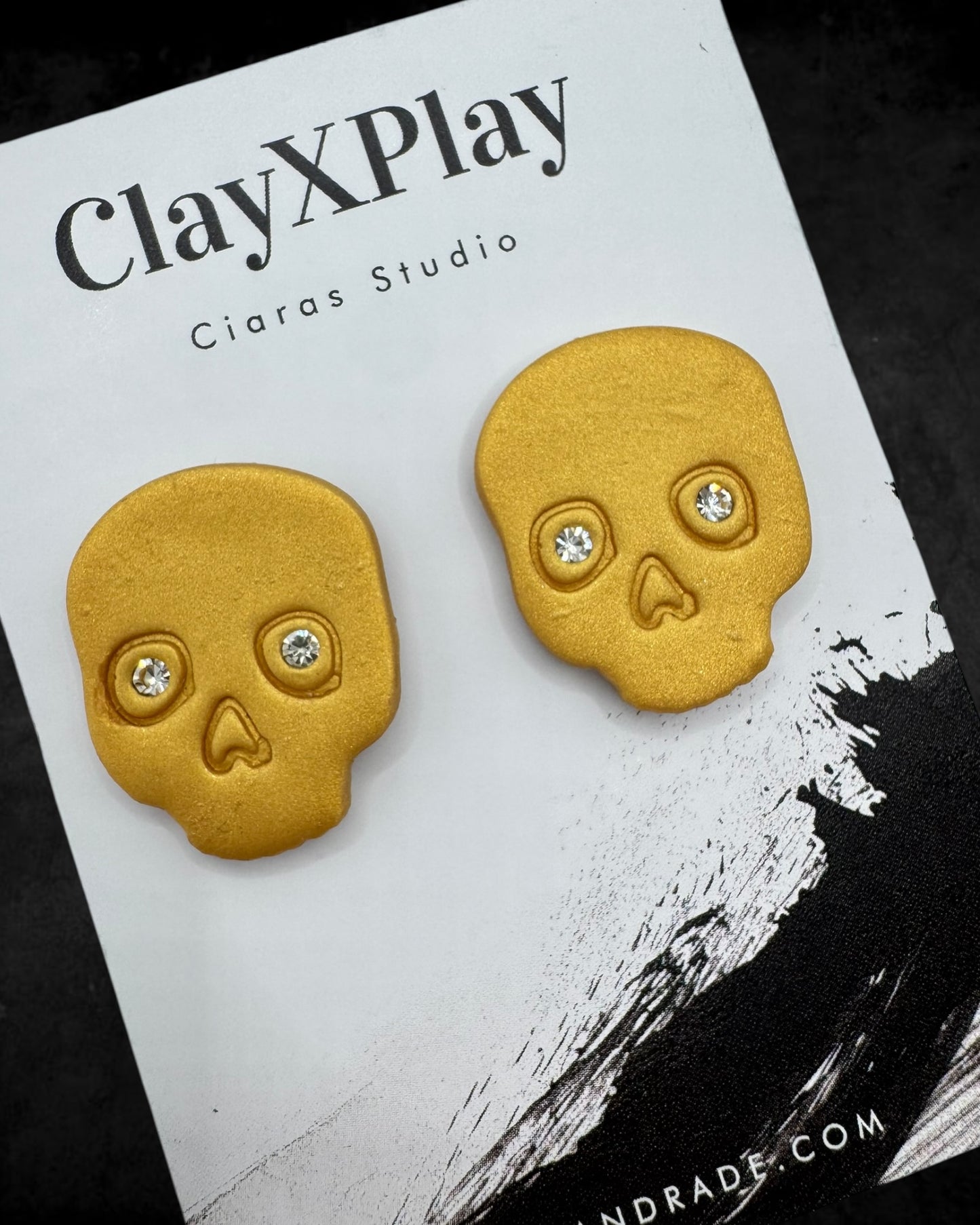 Diamond Eye Skull Gold XL Polymer Clay Stud Earrings Handmade