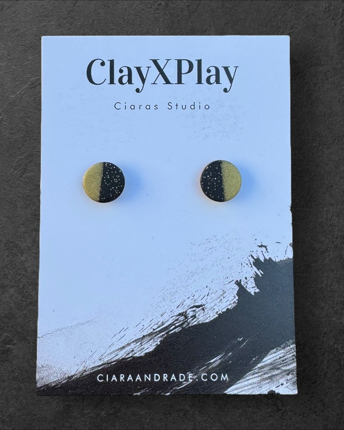 Black & Gold Mini Round Polymer Clay Stud Earrings Handmade