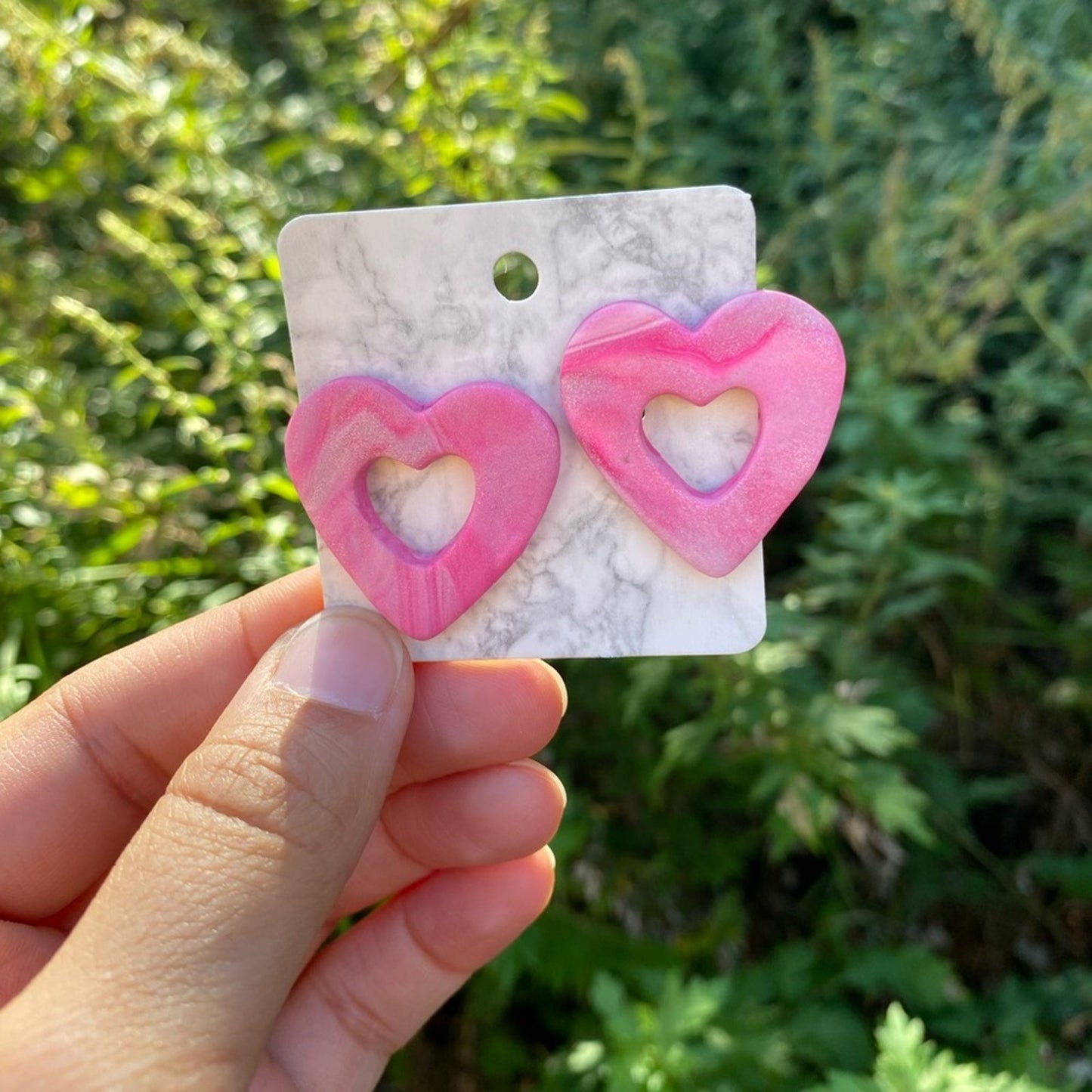 Open Heart Pink & White Marbled Polymer XL Clay Stud Earrings Handmade