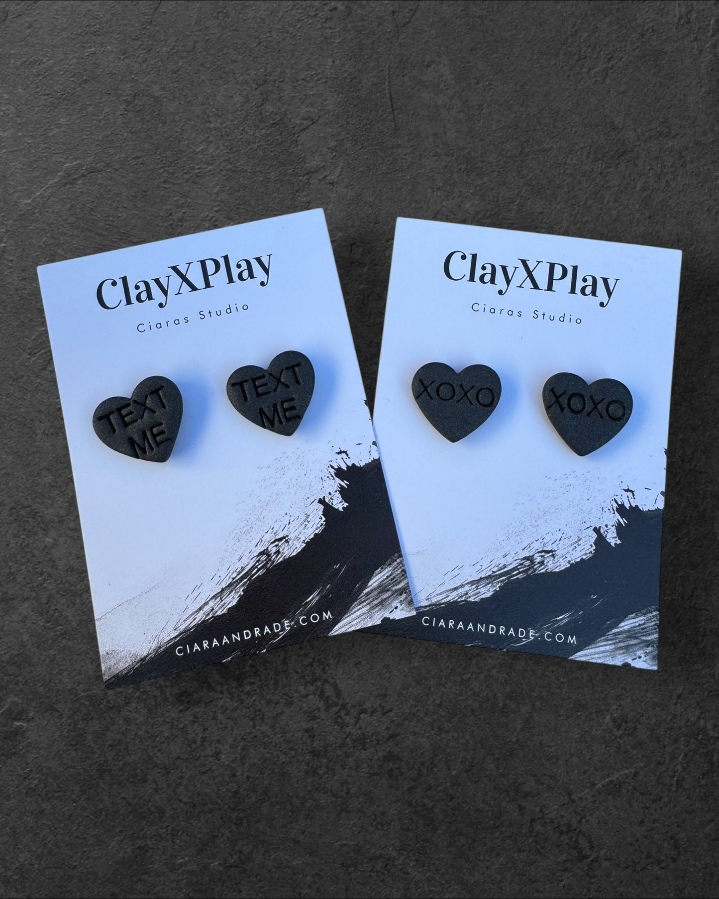 Conversation Heart TEXT ME Valentines Day Medium Black Polymer Clay Heart Stud Earrings – Handmade