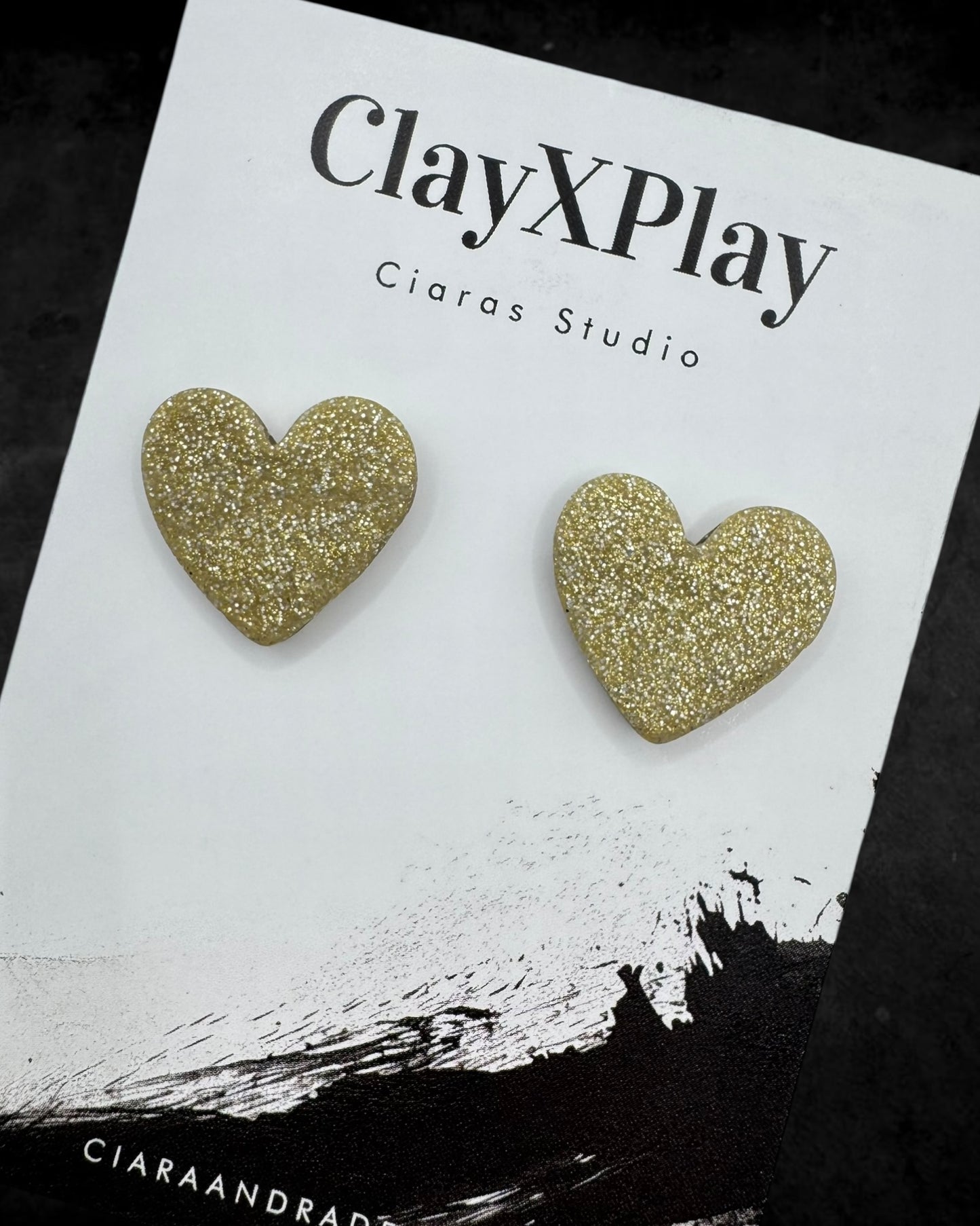 Gold Glitter Polymer Clay Medium Heart Stud Earrings – Handmade Elegance