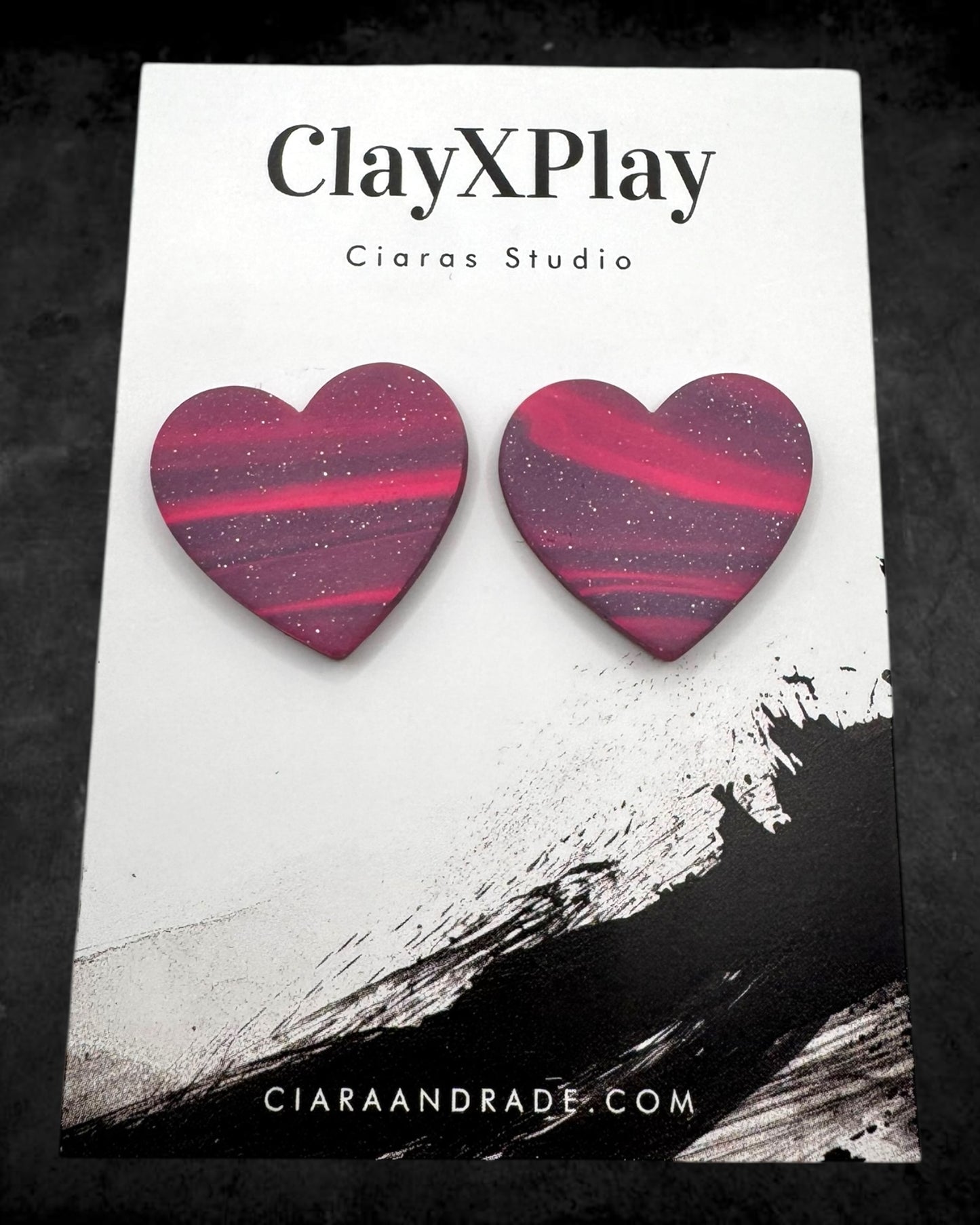 Pink & Purple Polymer Clay Heart Stud Earrings XL Handmade