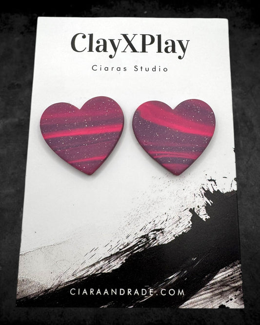 Pink & Purple Polymer Clay Heart Stud Earrings XL Handmade