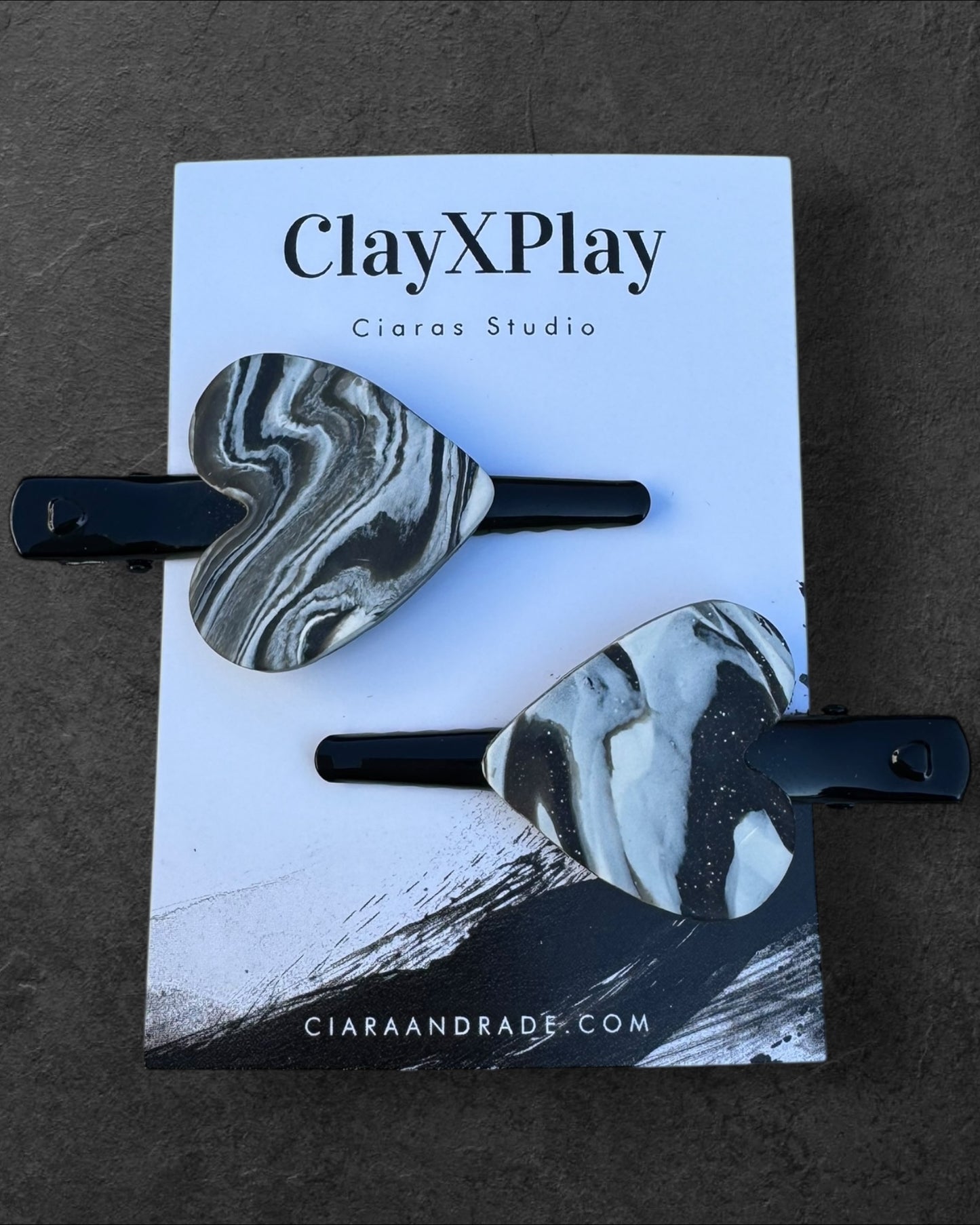 Marbled Black & White Polymer Clay Heart Hair 2 Clip Handmade Hair Accessory