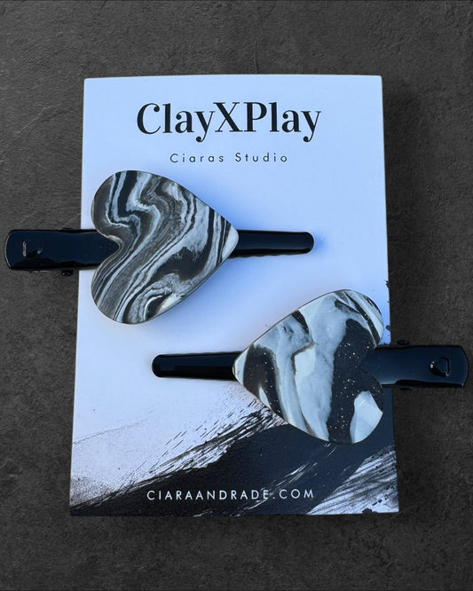 Marbled Black & White Polymer Clay Heart Hair 2 Clip Handmade Hair Accessory