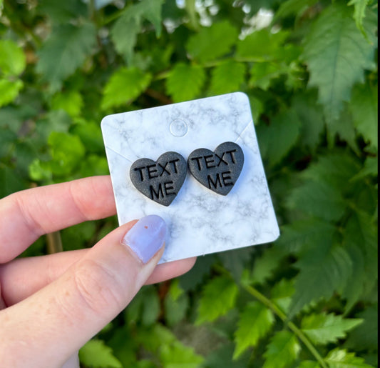 Black Text Me Heart Earrings