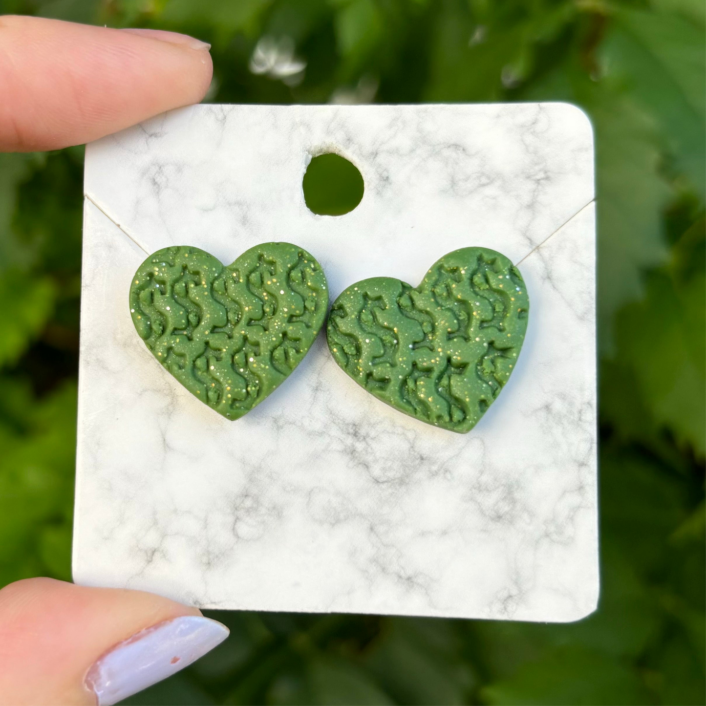 Money Magic Green Medium Polymer Clay Heart Stud Earrings Handmade