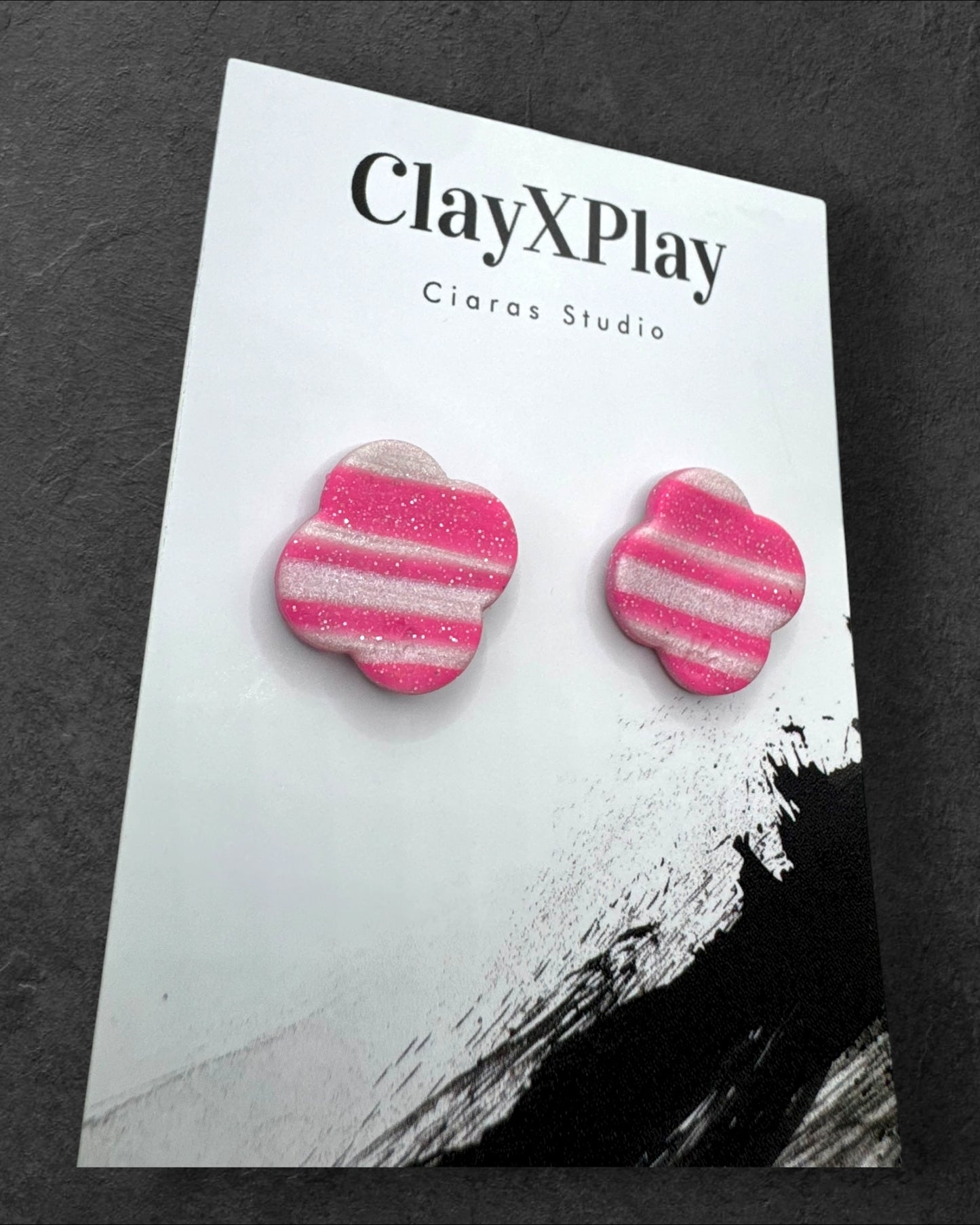 Pink‎ and White Striped Flower Polymer Clay Stud Earrings Handmade Handcrafted