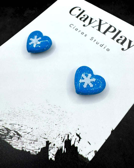 Winter Time Blue Small Polymer Clay Heart Stud Earrings Handmade