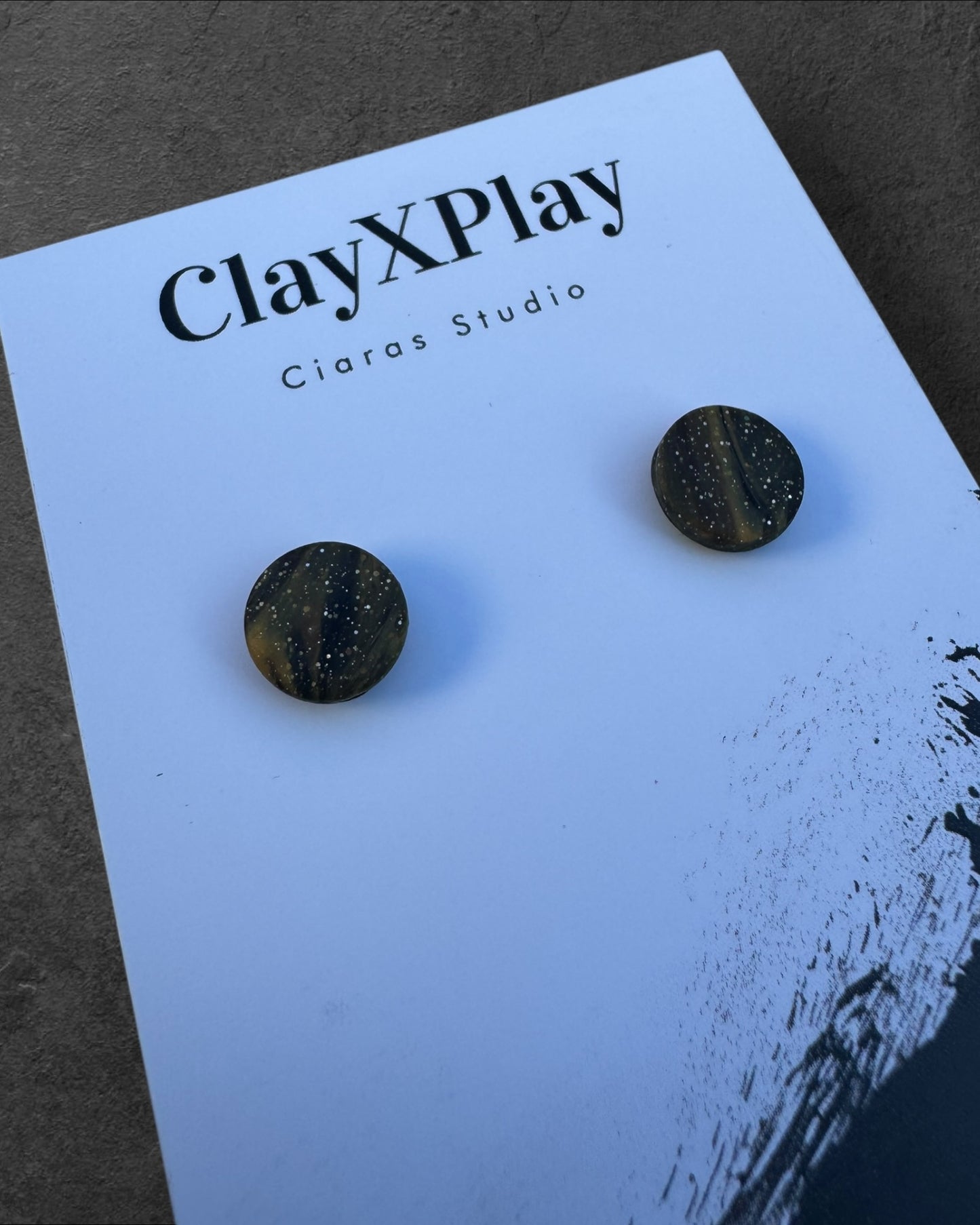 Black & Yellow Galaxy Mini Round Polymer Clay Stud Earrings Handmade