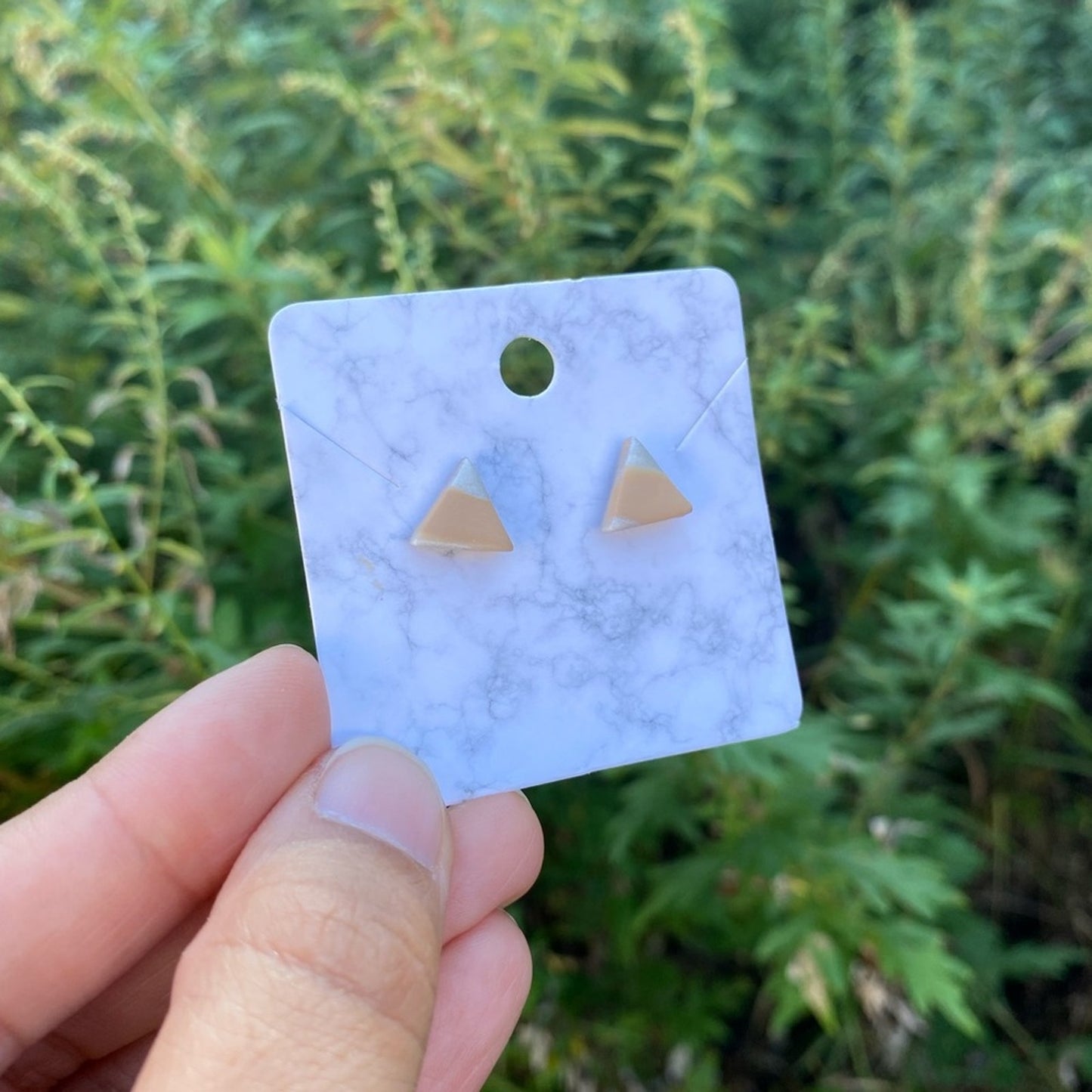 Mini Triangle Tan & White Polymer Clay Stud Earrings Handmade