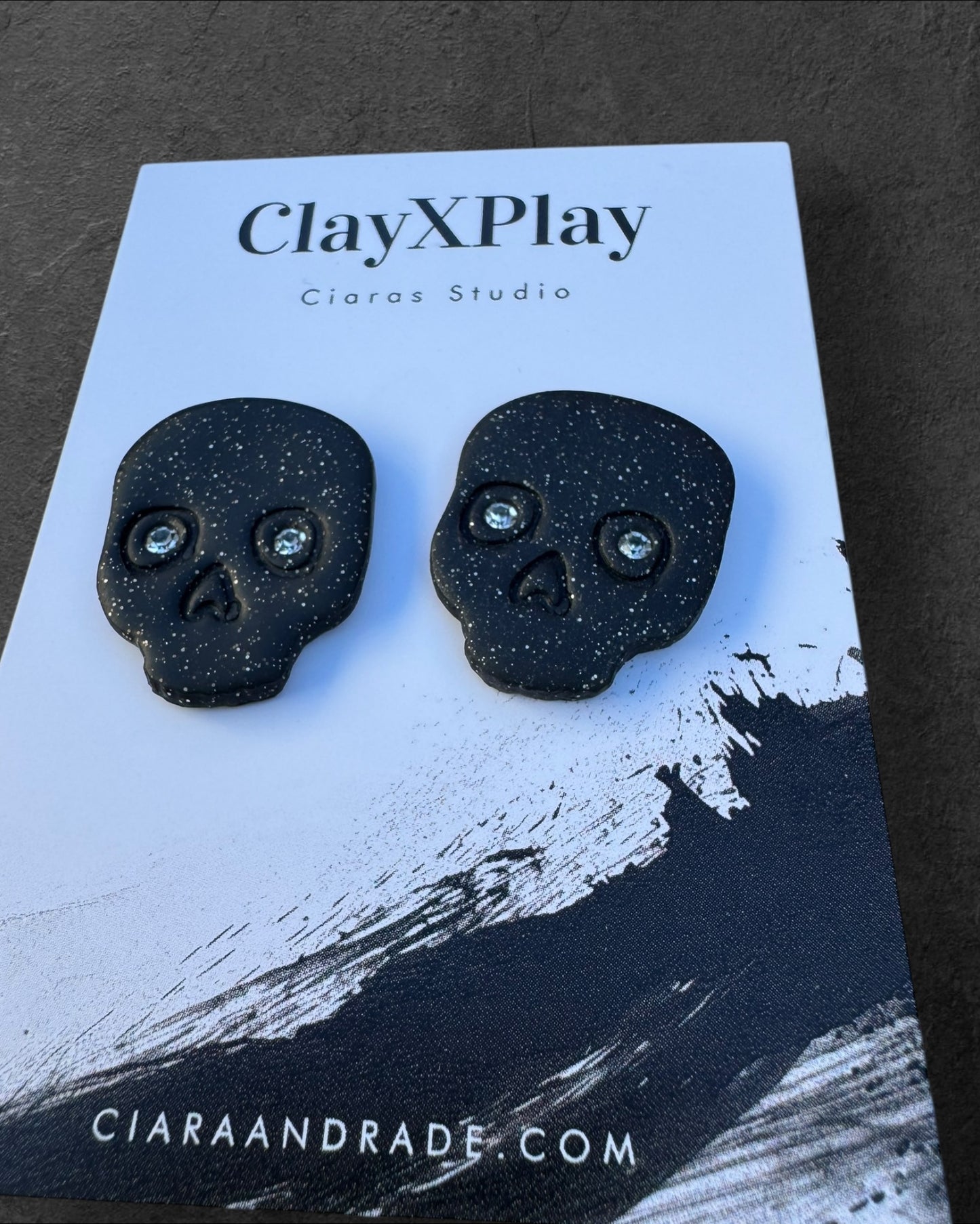 Diamond Eye Skull Black XL Polymer Clay Stud Earrings  Handmade
