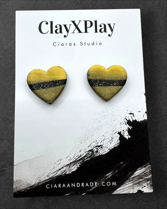 Black & Gold Polymer Clay Heart Stud Earrings Medium Handmade