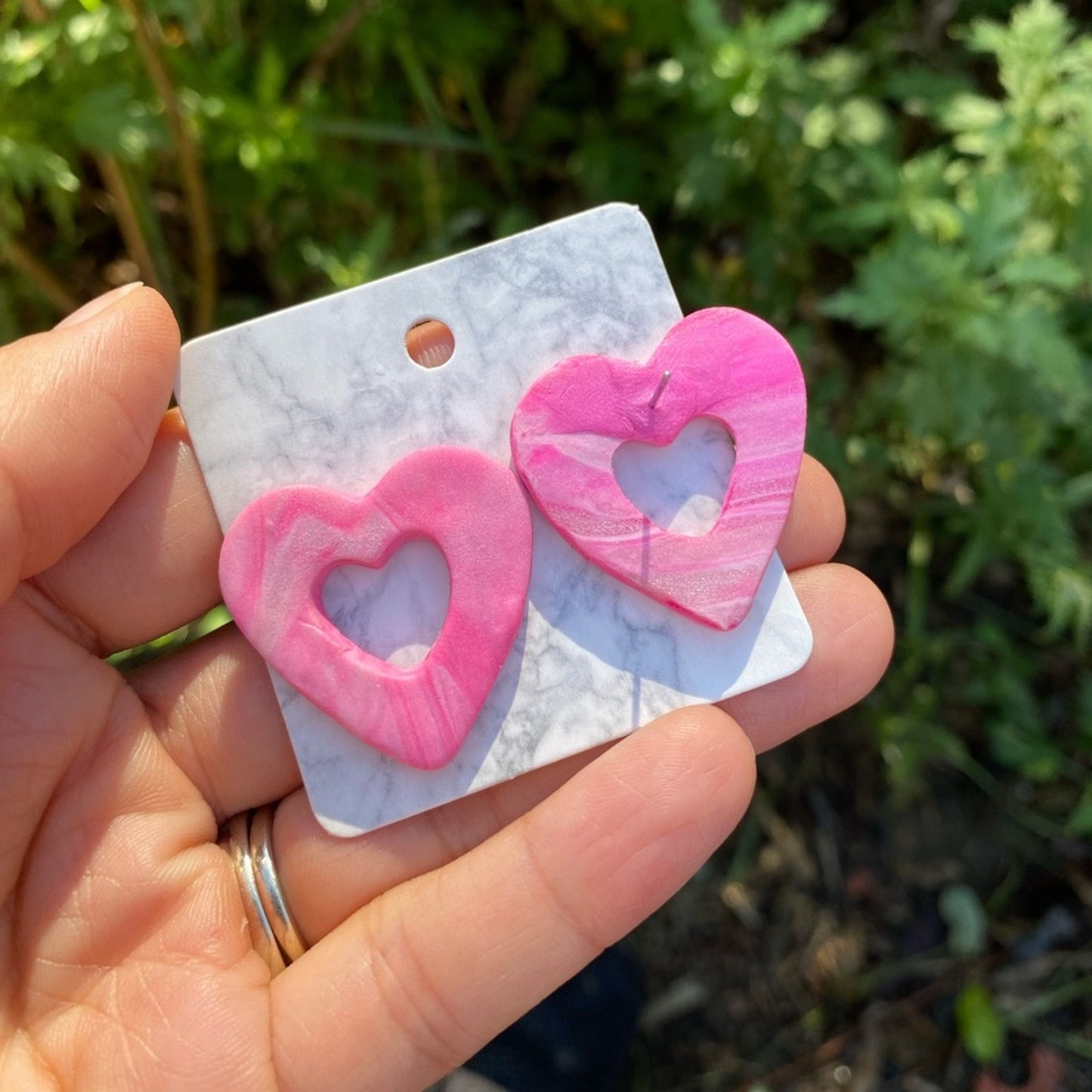 Open Heart Pink & White Marbled Polymer XL Clay Stud Earrings Handmade