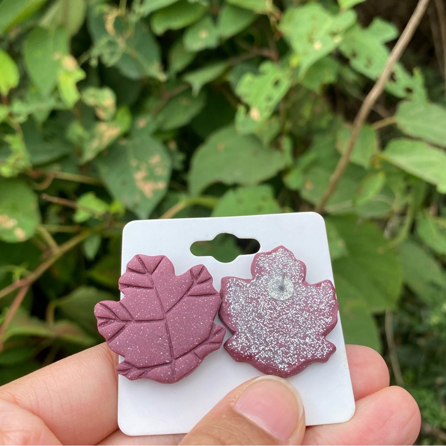 Maroon Polymer Clay Leaf Stud Earrings – XL Handmade