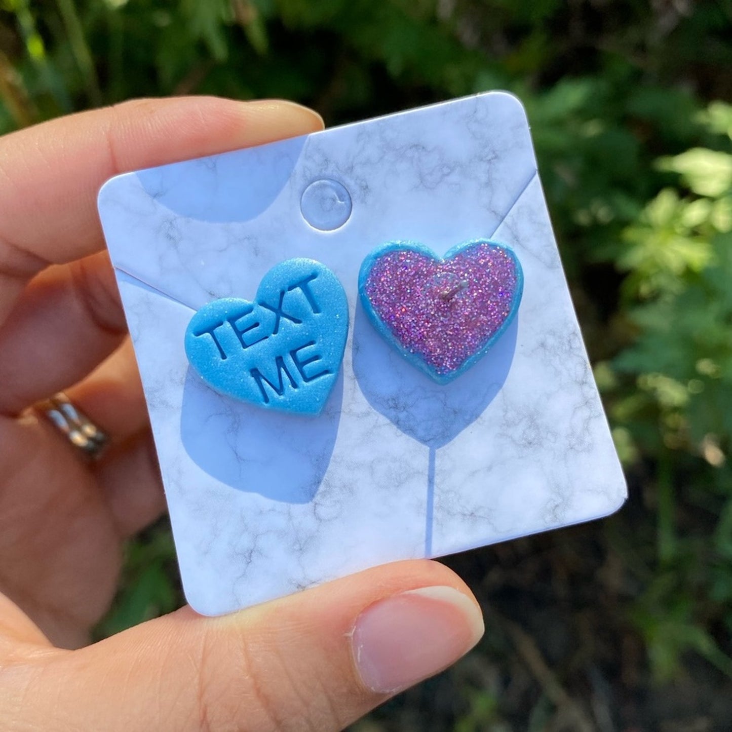 Conversation Heart TEXT ME Valentines Day Medium Blue Polymer Clay Heart Stud Earrings Handmade